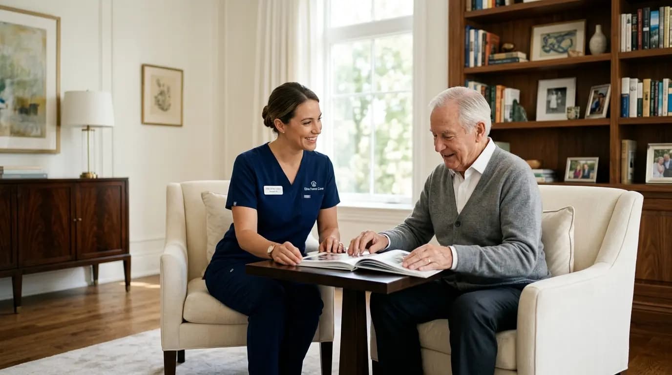 Community Options Waiver caregiver reading with a senior at home